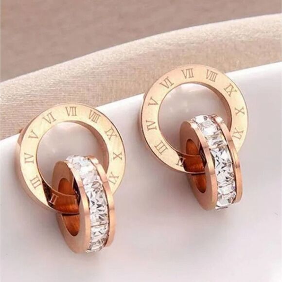 Round Letter Stainless Steel Plating Zircon Earrings - Picture 15 of 17